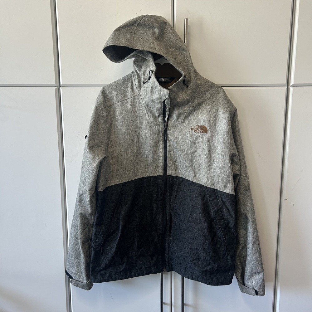 The North Face Mens L Hooded Jacket Grey Herringbone Black Colorblock Zip Up